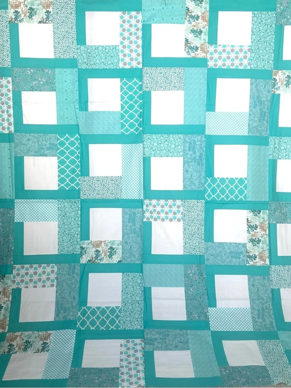Patchwork Geometric Quilt TOP in Teal & White
